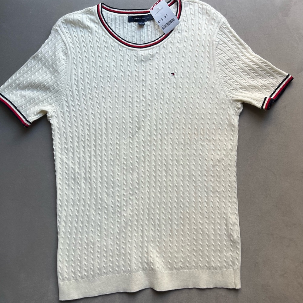 New Tommy Hilfiger White Knit Top Sweater with Red and Black Trim